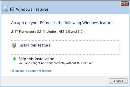 Dialoogvenster voor 3.5 installeren in Windows 8