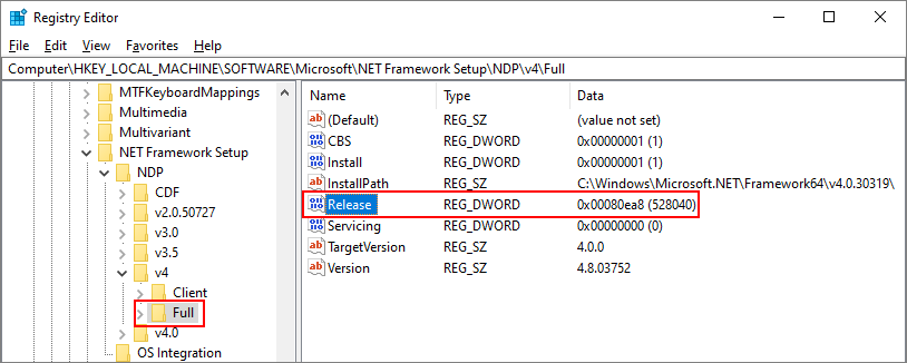 A screenshot of the RegEdit tool showing the registry entry for .NET Framework 4.5