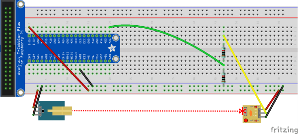 Een diagram met een circuit dat invoer krijgt van een sensormodule voor een laserontvanger.