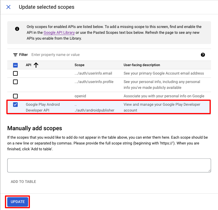 Screenshot of adding the android publisher scope for the OAuth consent screen.