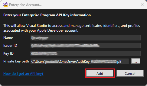 Add an Enterprise Apple Developer Account to Visual Studio.