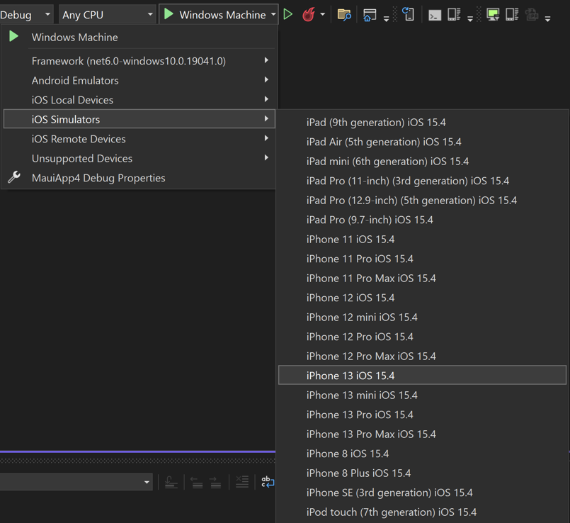 Visual Studio iOS simulators debug targets.