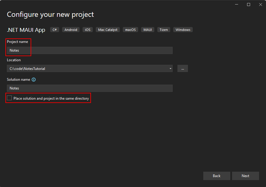 stel de naam van het .NET MAUI-project in op Notities in Visual Studio.