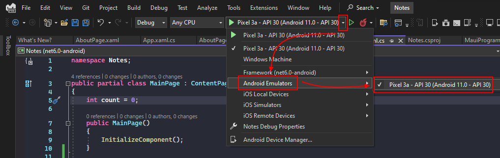 het Android-foutopsporingsdoel selecteren voor een .NET TENANT-app in Visual Studio.