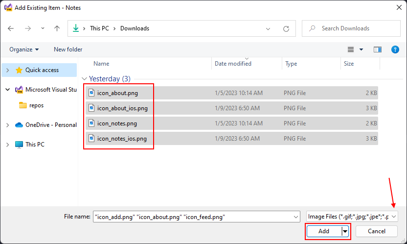 Voeg vier pictogramafbeeldingen toe aan het .NET MAUI-project.