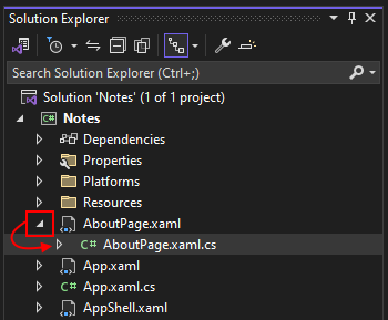 Een afbeelding van het Solution Explorer-venster in Visual Studio, met een rood vak waarin het uitvouwpictogram wordt gemarkeerd.