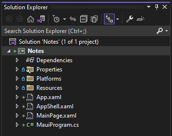 Solution Explorer met de bestanden voor een .NET MAUI-project in Visual Studio.