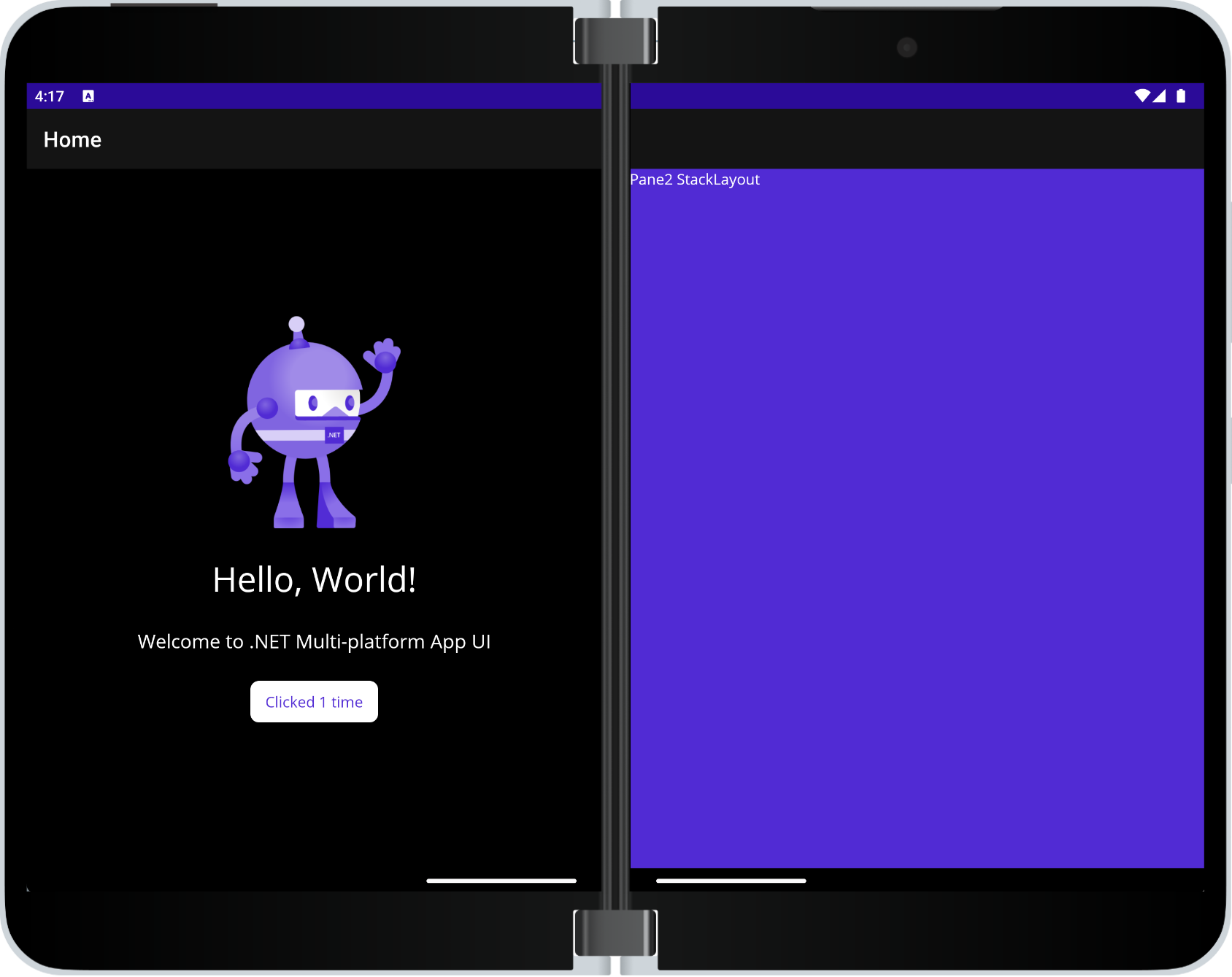 Surface Duo dual-screen emulator showing a basic TwoPaneView test app