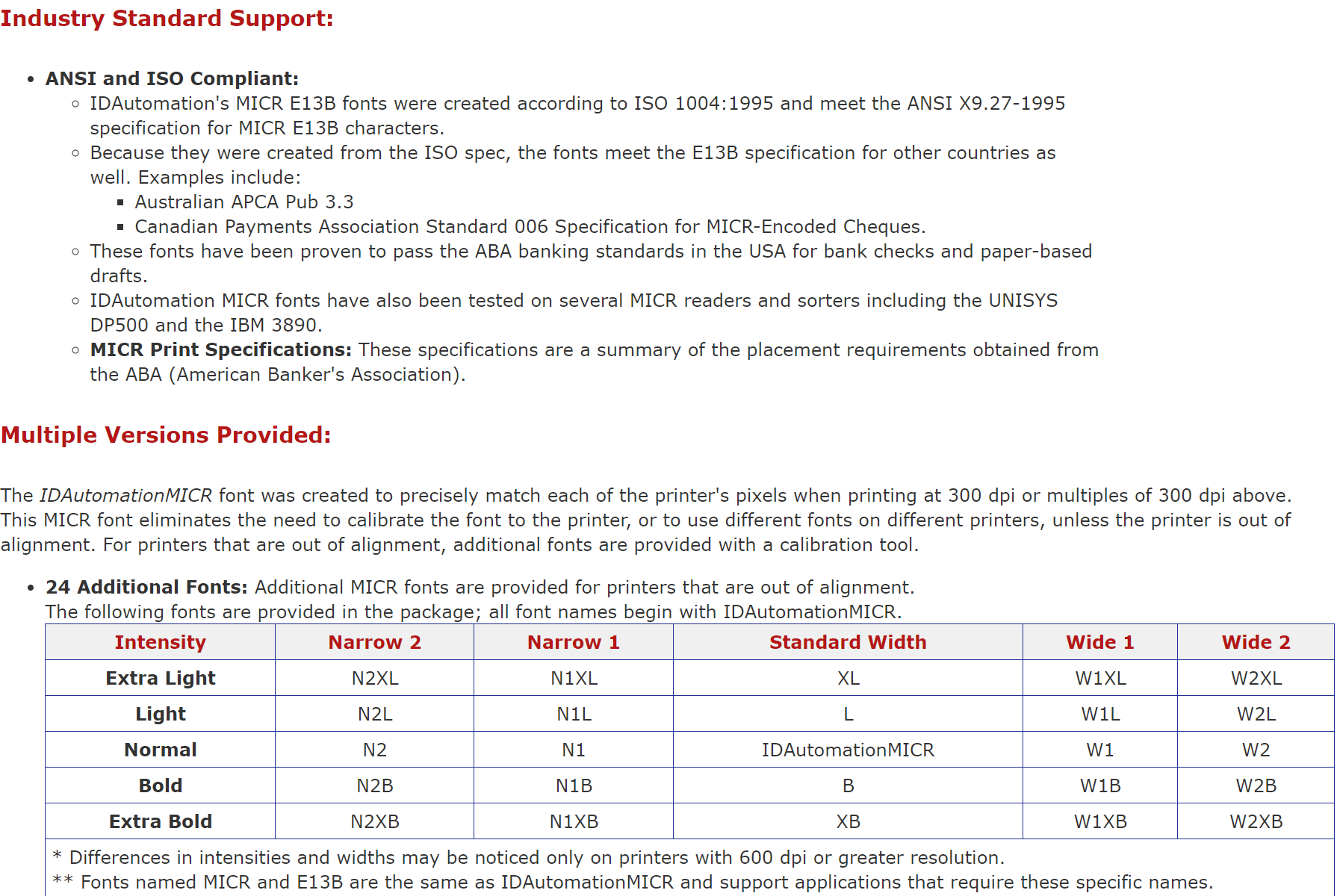 MICR E-13B-specificaties.