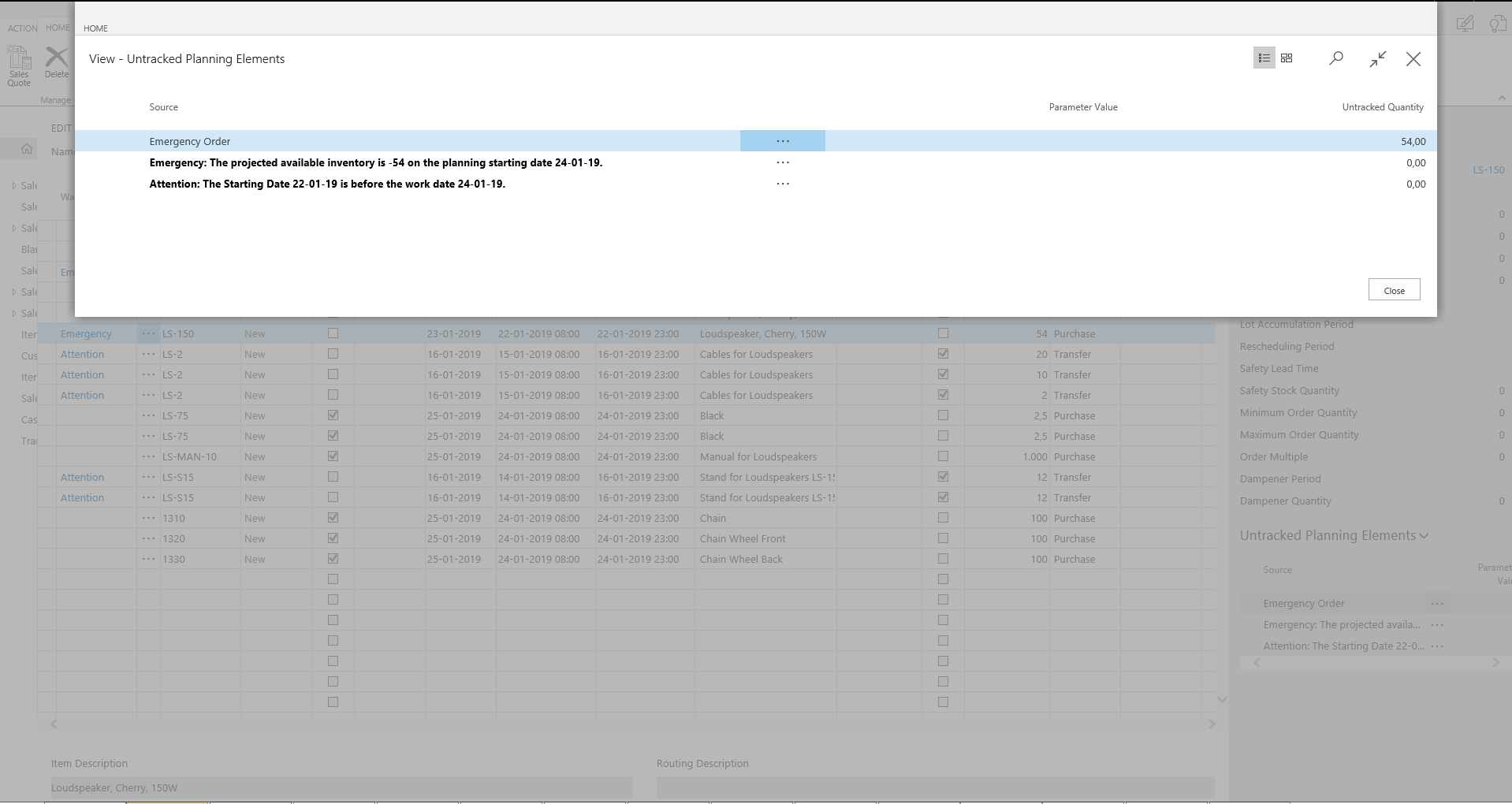 Waarschuwingen in het planningswerkblad.