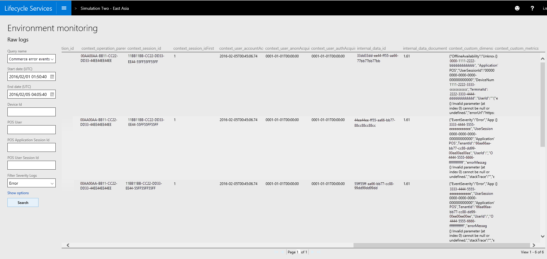 Search results on the Environment monitoring page.