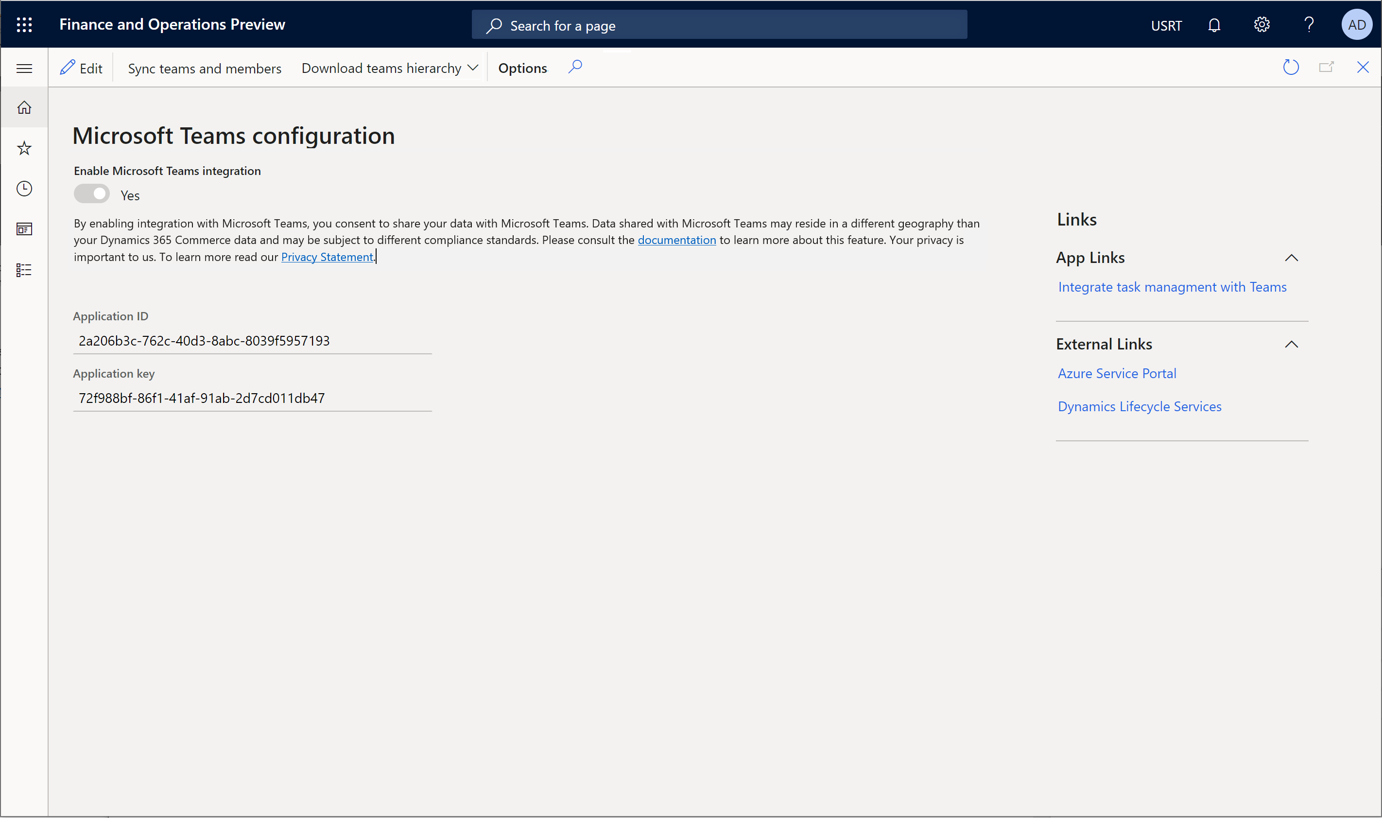 Configuratie van Teams-integratie in Commerce Headquarters.