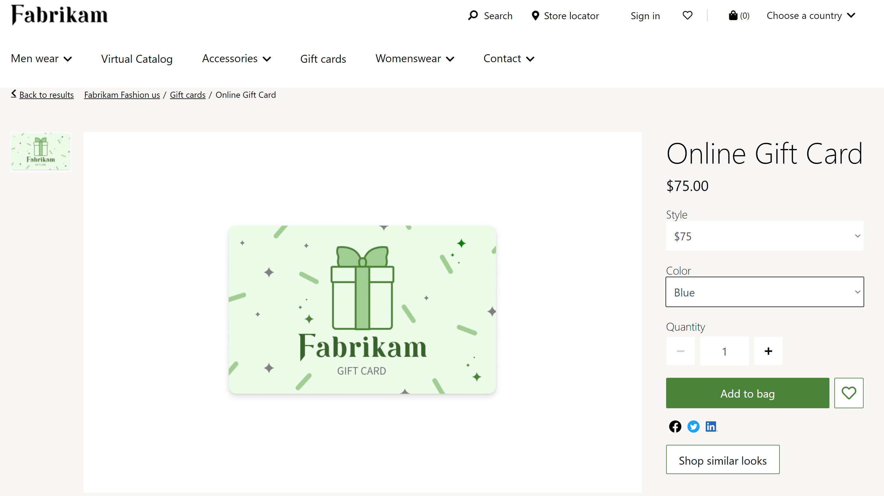 Voorbeeld van een PDP voor een digitale geschenkbon op de e-commercesite van Fabrikam.