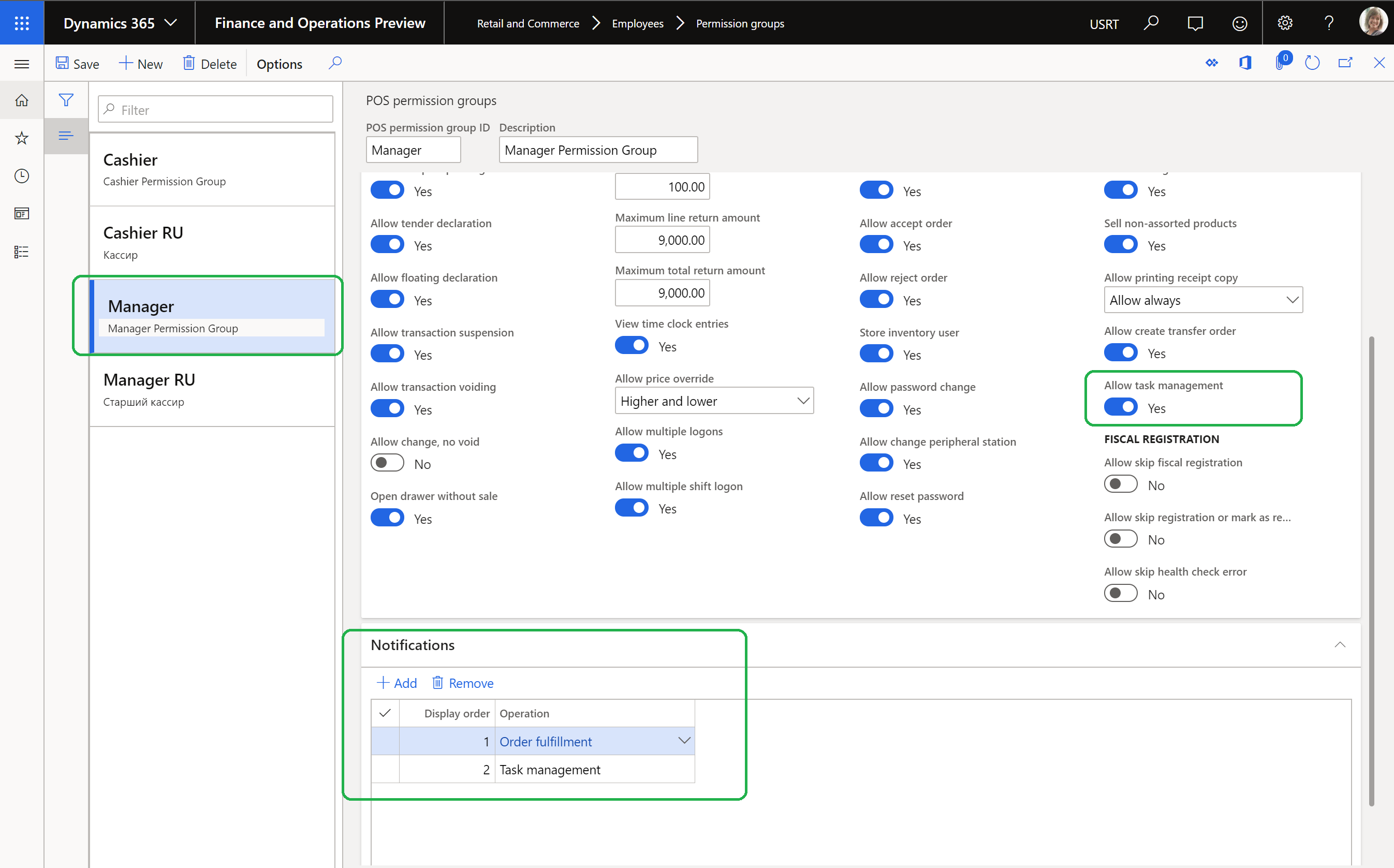 Machtigingen voor taakbeheer configureren voor winkelmanagers.