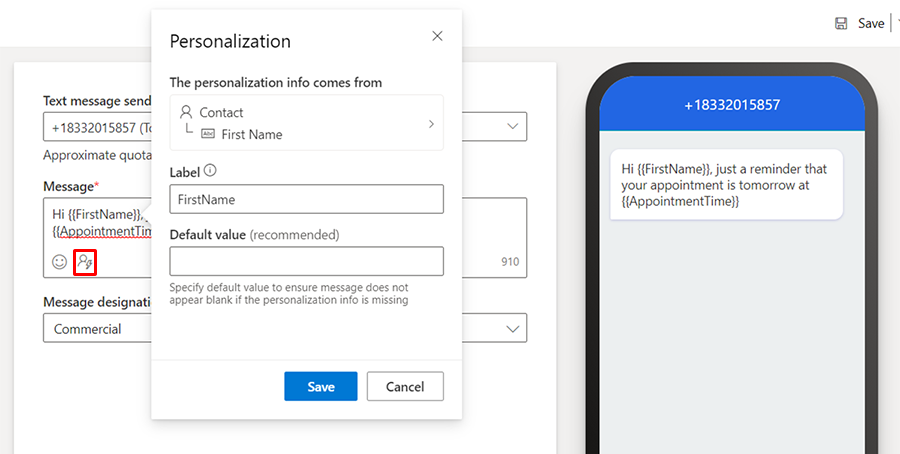 Schermafbeelding van het gebruik van de knop voor het personaliseren van sms-berichten en pushmeldingen.