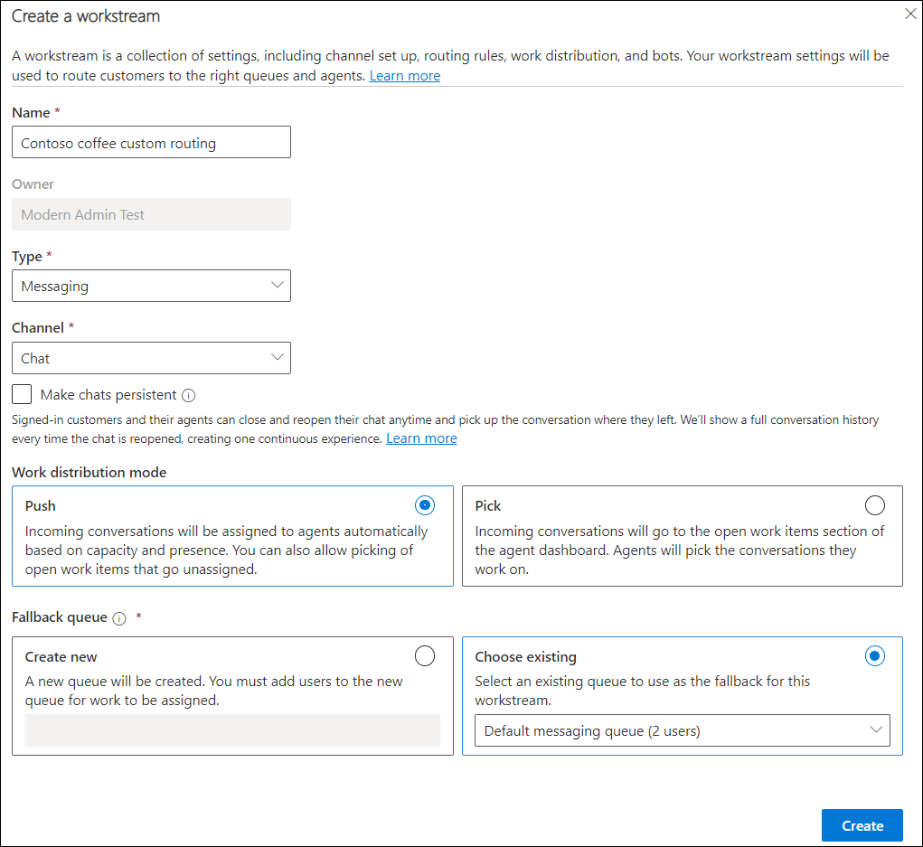 instellingen voor het maken van een workstream voor live chat.