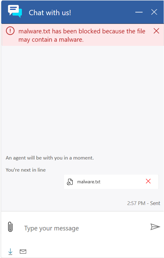 Schermopname van het bericht dat verschijnt wanneer klanten bestanden met schadelijke inhoud uploaden via chat.