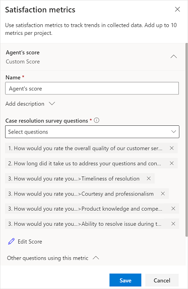 Details van meetcriterium voor tevredenheid Aangepaste score toevoegen.