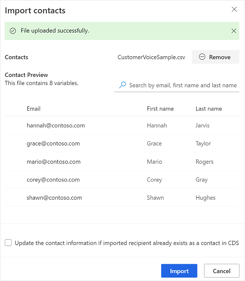 Voorbeeld van contactpersonen uit het CSV-bestand weergeven.