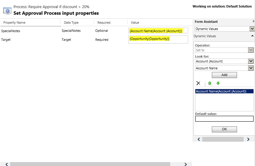 Invoerparameters instellen voor ApprovalProcess-actie.