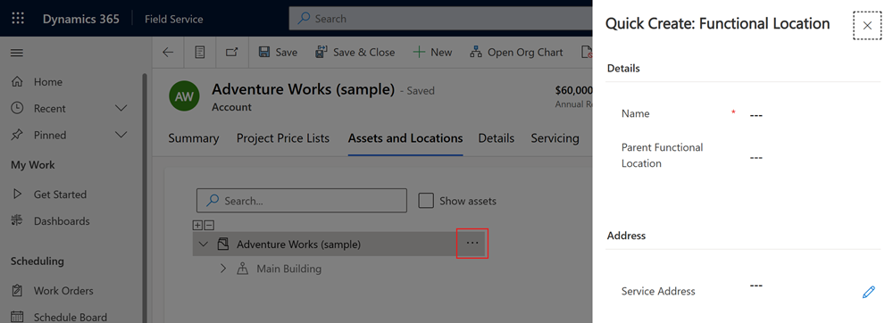 Schermaopname van het deelvenster Snelle invoer: functionele locatie voor een accountrecord, met het menu met het weglatingsteken gemarkeerd.