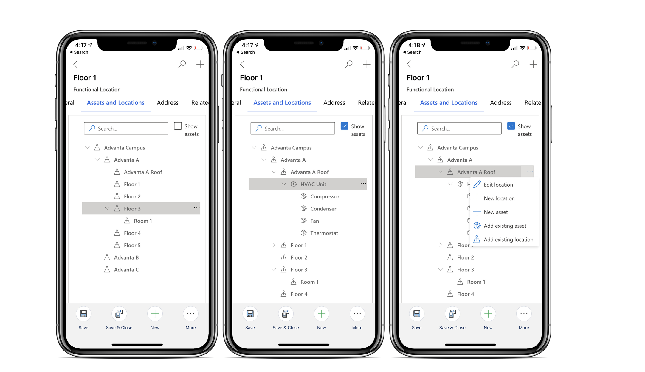 Gesimuleerde schermopname van de mobiele Field Service-app, waarbij de activahiërarchieën en functionele locaties worden weergegeven.