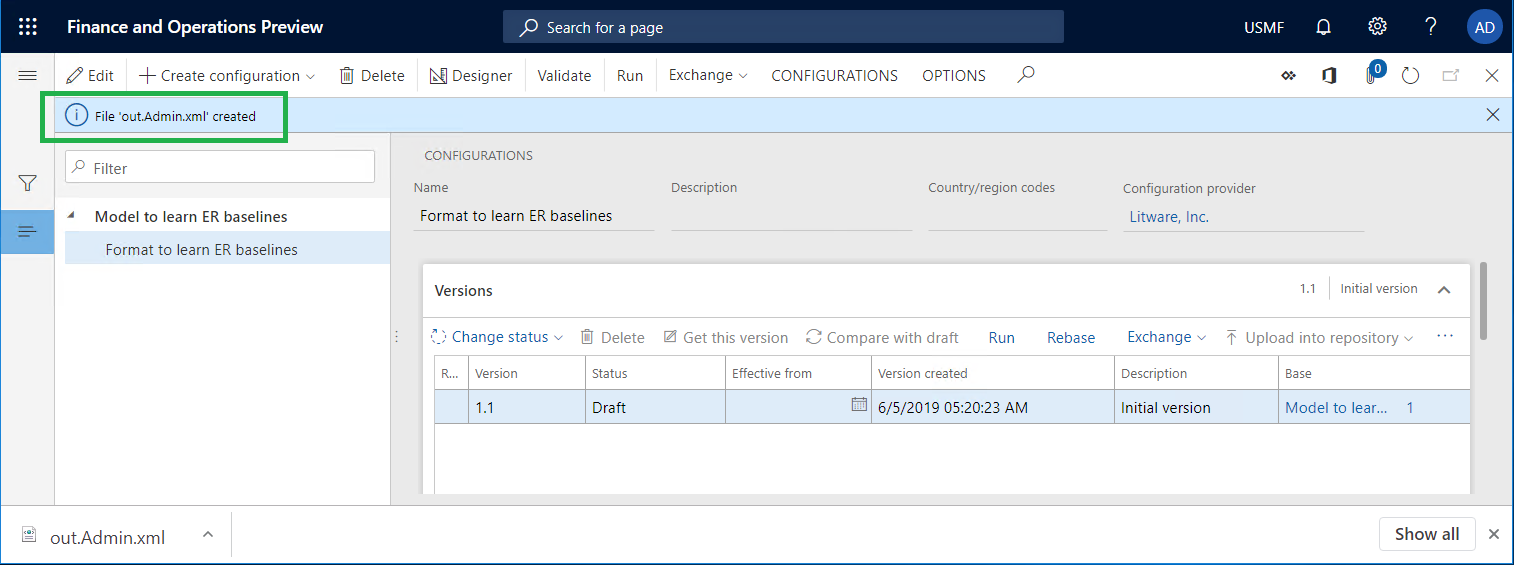 Melding over het gegenereerde bestand op de pagina Configuraties.