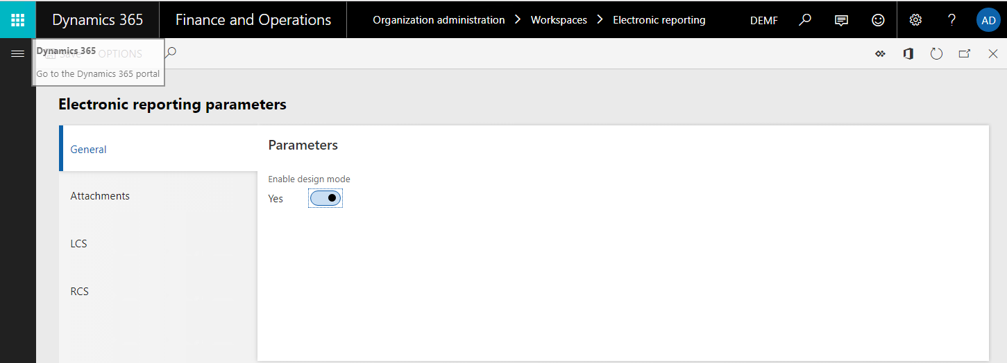 De optie ontwerpmodus inschakelen op de pagina Parameters voor elektronische rapportage.
