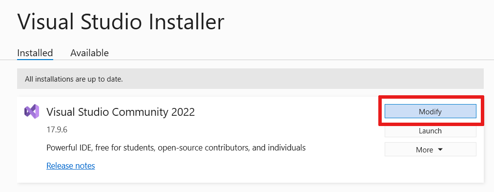 Screenshot that shows the location of the Modify button in the Visual Studio Installer app.