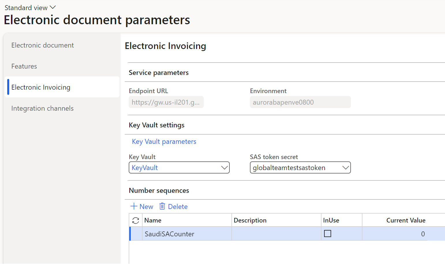 Schermopname waarin het veld Omgeving voor een serviceomgeving als niet-beschikbaar wordt weergegeven op de pagina Parameters van elektronisch document.