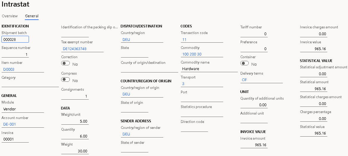 Informatie over een inkooporder op het tabblad Algemeen van de Intrastat-pagina