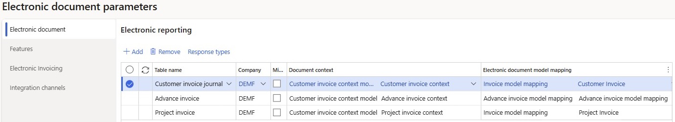 Screenshot of the setup on the Electronic document tab of the Electronic document parameters page.