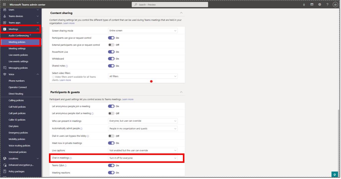 Schermopname van Microsoft Teams-beheercentrum met veld Chatten toestaan tijdens vergaderingen gemarkeerd.