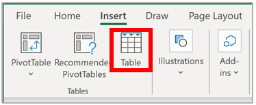 Schermopname van Excel-werkbalk met het item Tabel geselecteerd.