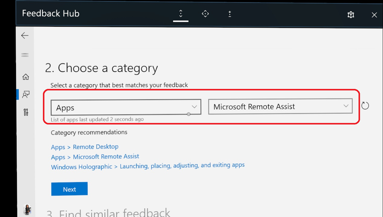 Schermopname met de sectie Een categorie kiezen van de feedback-hub.
