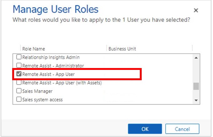Schermopname van het dialoogvenster Gebruikersrollen beheren met de rol Remote Assist - App-gebruiker gemarkeerd.