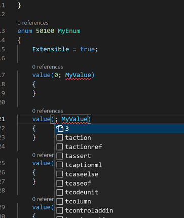 IntelliSense-suggestie voor enum-rangtelwoordwaarde