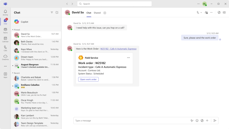 Teams-chat met een voorbeeld van een koppeling naar een Field Service-werkorder