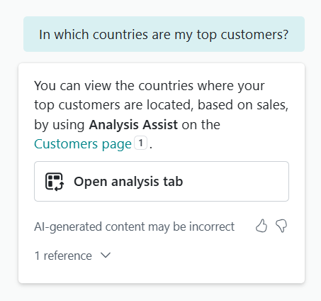 Een voorbeeld van een respons van Copilot die aangeeft dat de taak wordt overgedragen aan de Analysis Assist-functie.