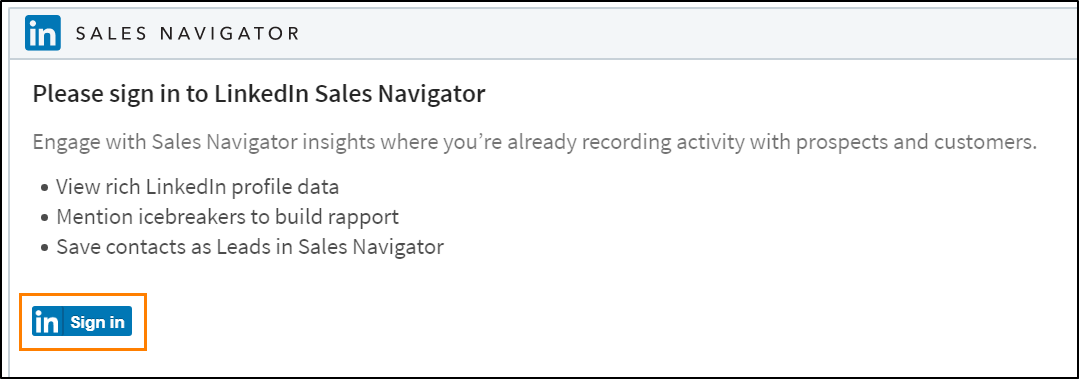 Screenshot of Sign in to LinkedIn Sales Navigator dialog box.