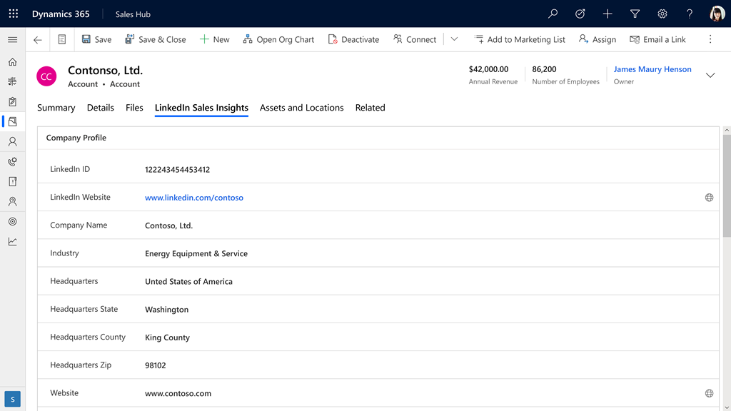 Tabblad LinkedIn Sales Insights in een accountformulier.