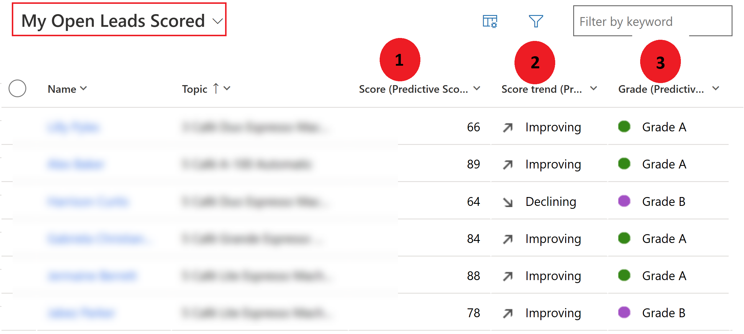 Schermopname van de weergave Mijn open gescoorde leads.