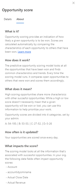 Tabblad Info voor voorspellende verkoopkansscore