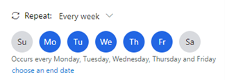 Schermopname van werktijden die zijn ingesteld voor herhaling van maandag tot en met vrijdag, maar niet op zaterdag of zondag.