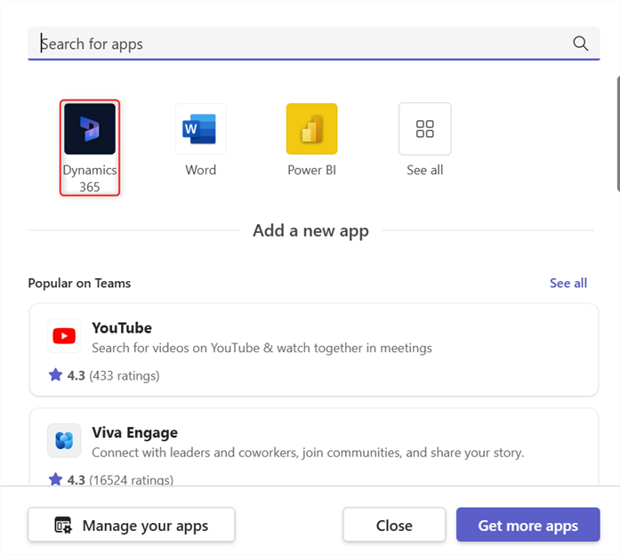 Dynamics 365-apps toevoegen aan een teamkanaal.
