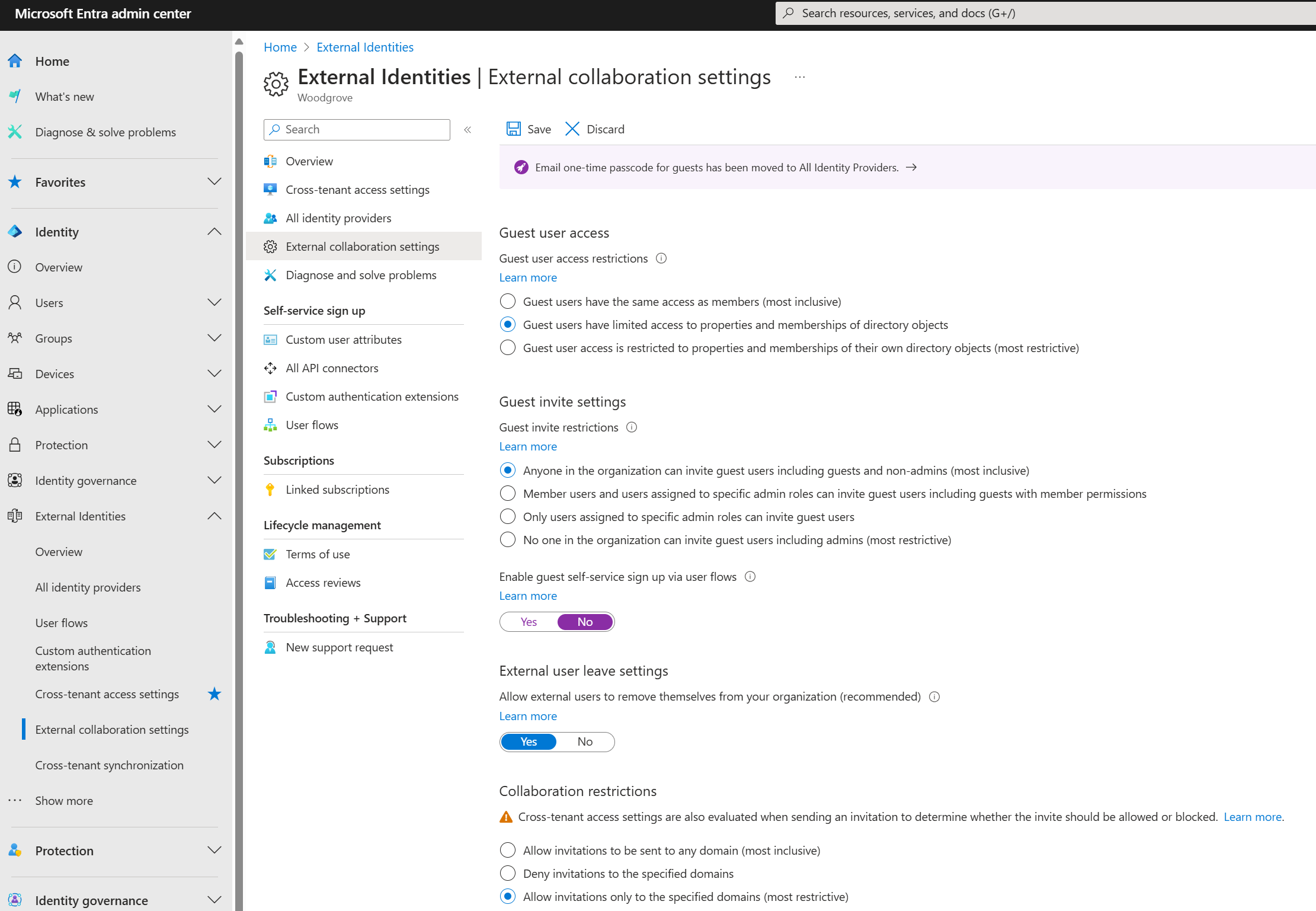 Screenshot of options and entries under External Identities, External collaboration settings.