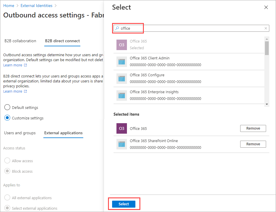 Schermopname van het toevoegen van externe toepassingen voor uitgaande b2b direct connect