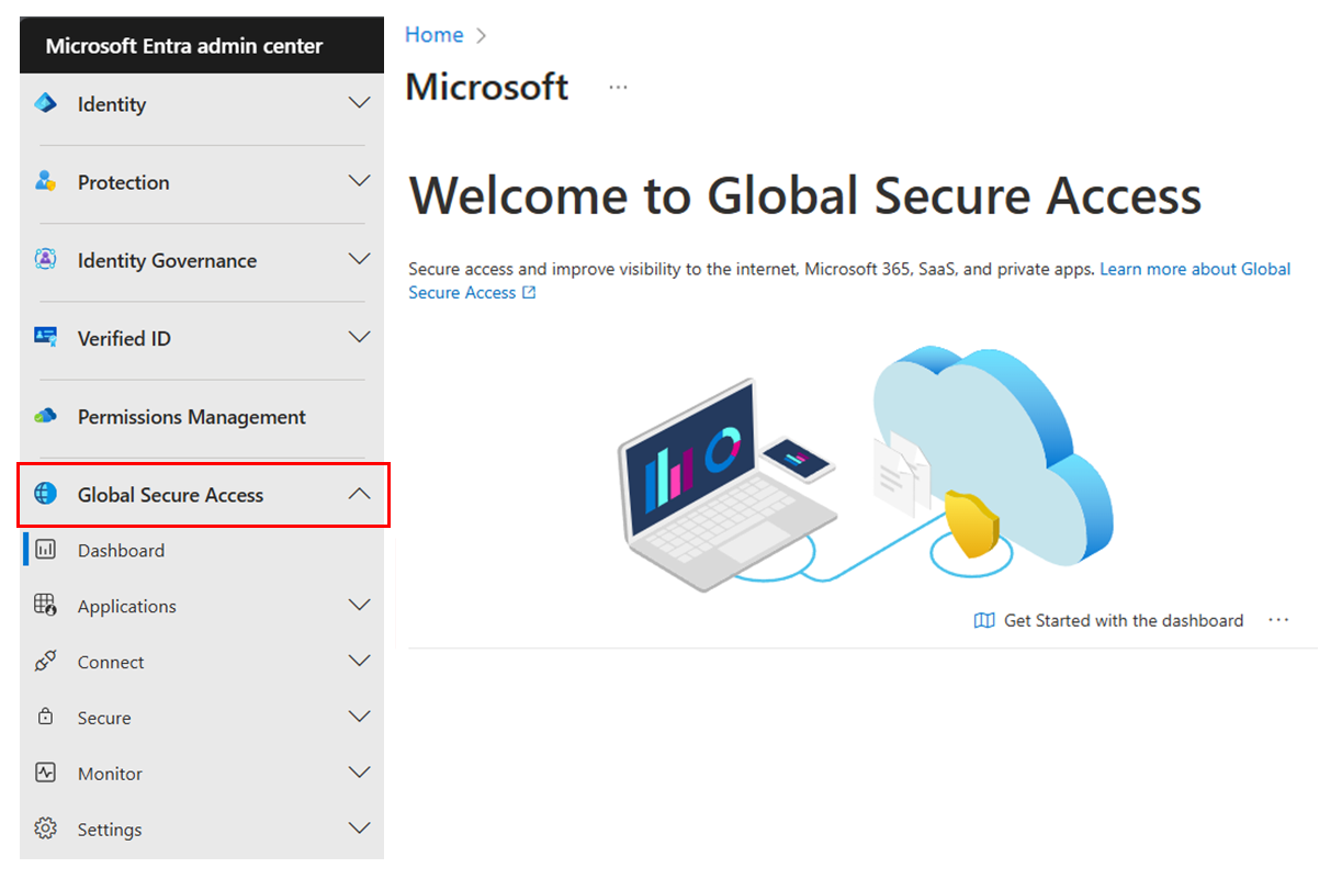 Schermopname van het menu Global Secure Access van het Microsoft Entra-beheercentrum.