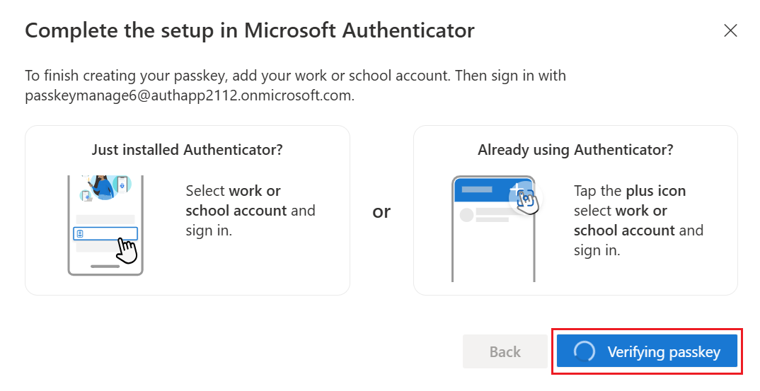 Schermopname van de wizard die de wachtwoordsleutel verifieert in Authenticator.