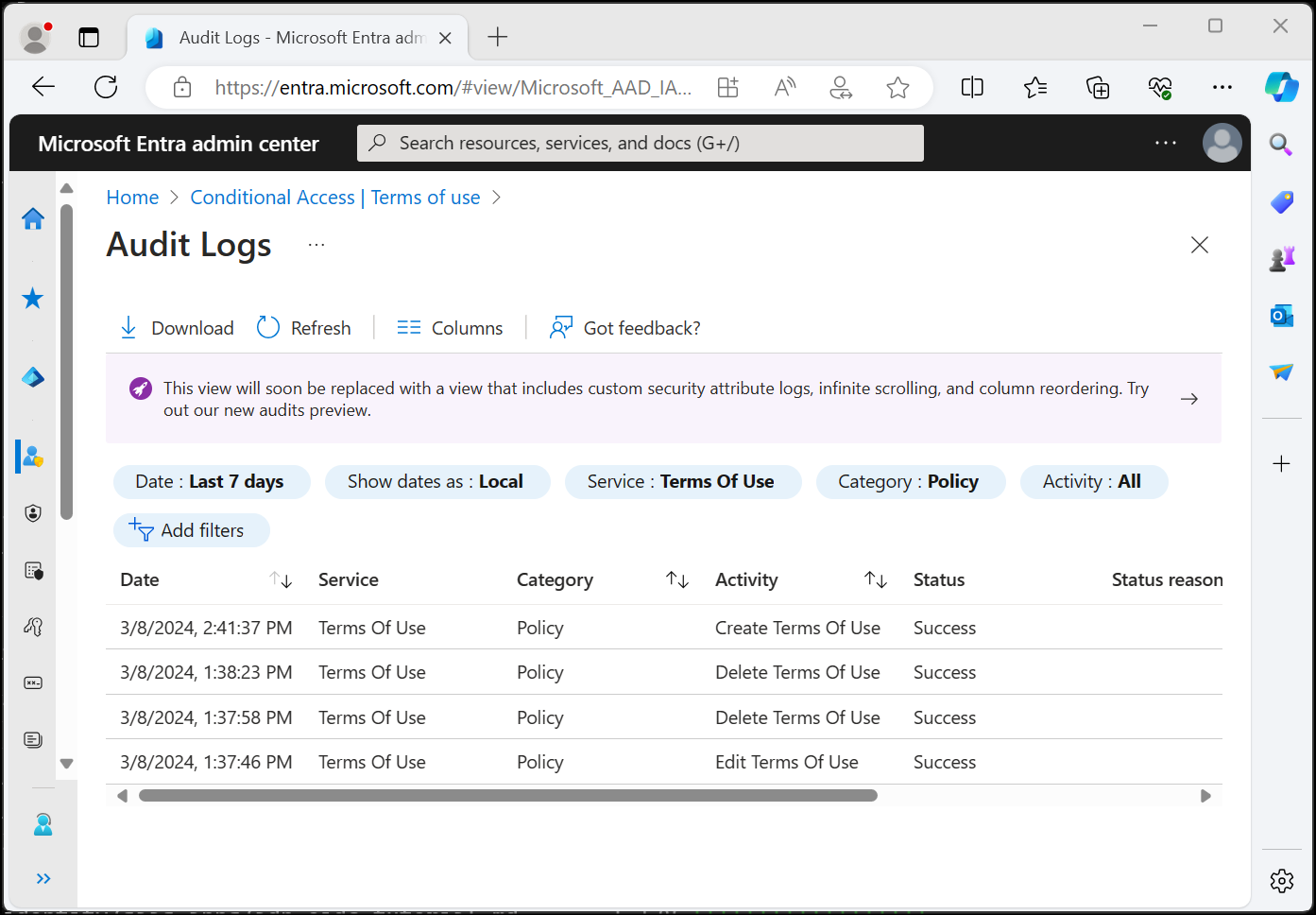 Een schermopname van het Microsoft Entra-auditlogboekenscherm, waarin de datum, het doelbeleid, door wie het is geïnitieerd en de activiteit worden weergegeven.